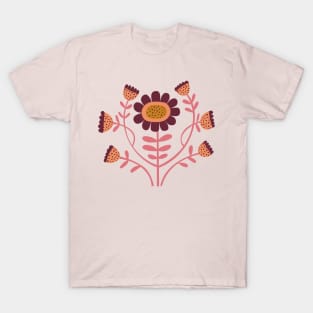 Arts and Crafts Folk Floral - Bordeaux and watermelon pink by Cecca Designs T-Shirt